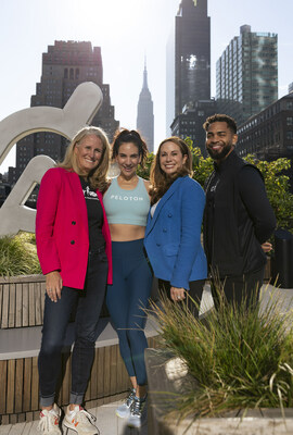 (left to right): Christine Burke, NYRR's SVP Strategic Partnerships and Runner Products, Peloton Instructor Mariana Fernández, Jennifer Cotter, Peloton's Chief Content Officer and Peloton Instructor Rad Lopez at Peloton HQ in Hudson Yards. Photo Courtesy of Peloton.