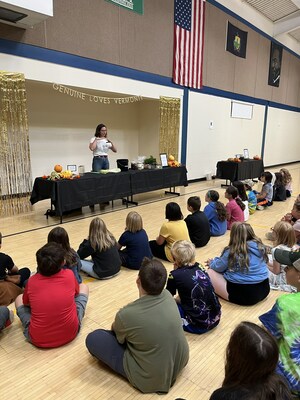 Julia Irish of Pitchfork Pickle gives a fermentation demonstration to students of Fletcher Elementary in Fletcher, Vermont, as a part of Genuine Foods' launch of its nationwide "Genuine Loves" initiative.