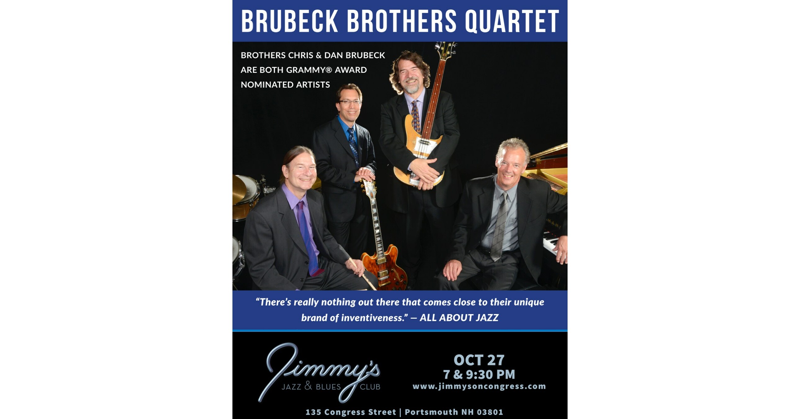 Jimmy's Jazz & Blues Club Features World-Renowned BRUBECK BROTHERS QUARTET on Friday October 27 at 7 & 9:30 P.M.