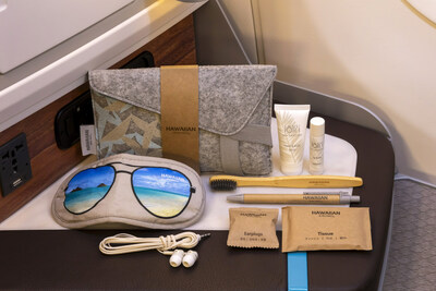 Hawaiian Airlines & Noho Home Extra Comfort amenity kit featuring the Lele design.