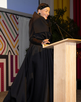 Actress Sharon Stone delivers an impassioned plea for support during the United Nations Women’s Peace and Humanitarian Fund Gala. Credit: Doug Krantz/BFA.com