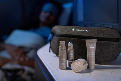 The new Therabody offerings include an onboard amenity kit that features an eye serum, face spray, hand cream and cleansing towelette exclusive to United customers.