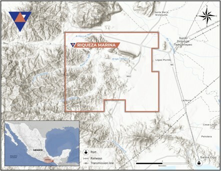 Figure 1. Location of the Riqueza Marina concession and project, southern Oaxaca. (CNW Group/Vortex Metals) Figure 1. Location of the Riqueza Marina concession and project, southern Oaxaca. (CNW Group/Vortex Metals)
