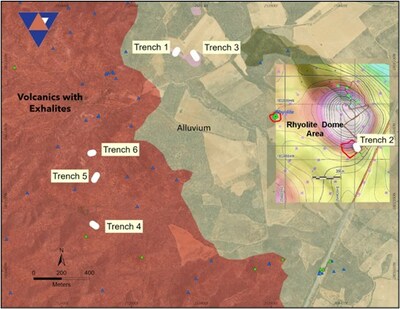 Figure 4. Results of the gravity and magnetic surveys over the Rhyolite Dome prospect located in the eastern sector of the Riqueza Marina block. Trenches 1 through 3 were excavated in the altered rhyolite flows while Trenches 4 through are located in the metavolcanics hosting exhalite lenses and strong iron > manganese oxides. (CNW Group/Vortex Metals)