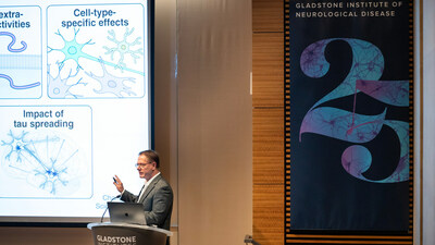 Gladstone Institutes hosted a symposium to celebrate the 25th anniversary of the Gladstone Institute of Neurological Disease, led by Lennart Mucke, seen here presenting. Photo: Michael Short/Gladstone Institutes