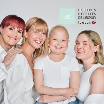 Les quatre ambassadrices de la boucle d'oreilles de l'Espoir Leucan; Jacqueline Fortin (grand-maman d'un enfant Leucan), Vanessa Pilon (animatrice), Megan Schmidt (enfant Leucan) et Emi Chicoine (comédienne). (Groupe CNW/Leucan)