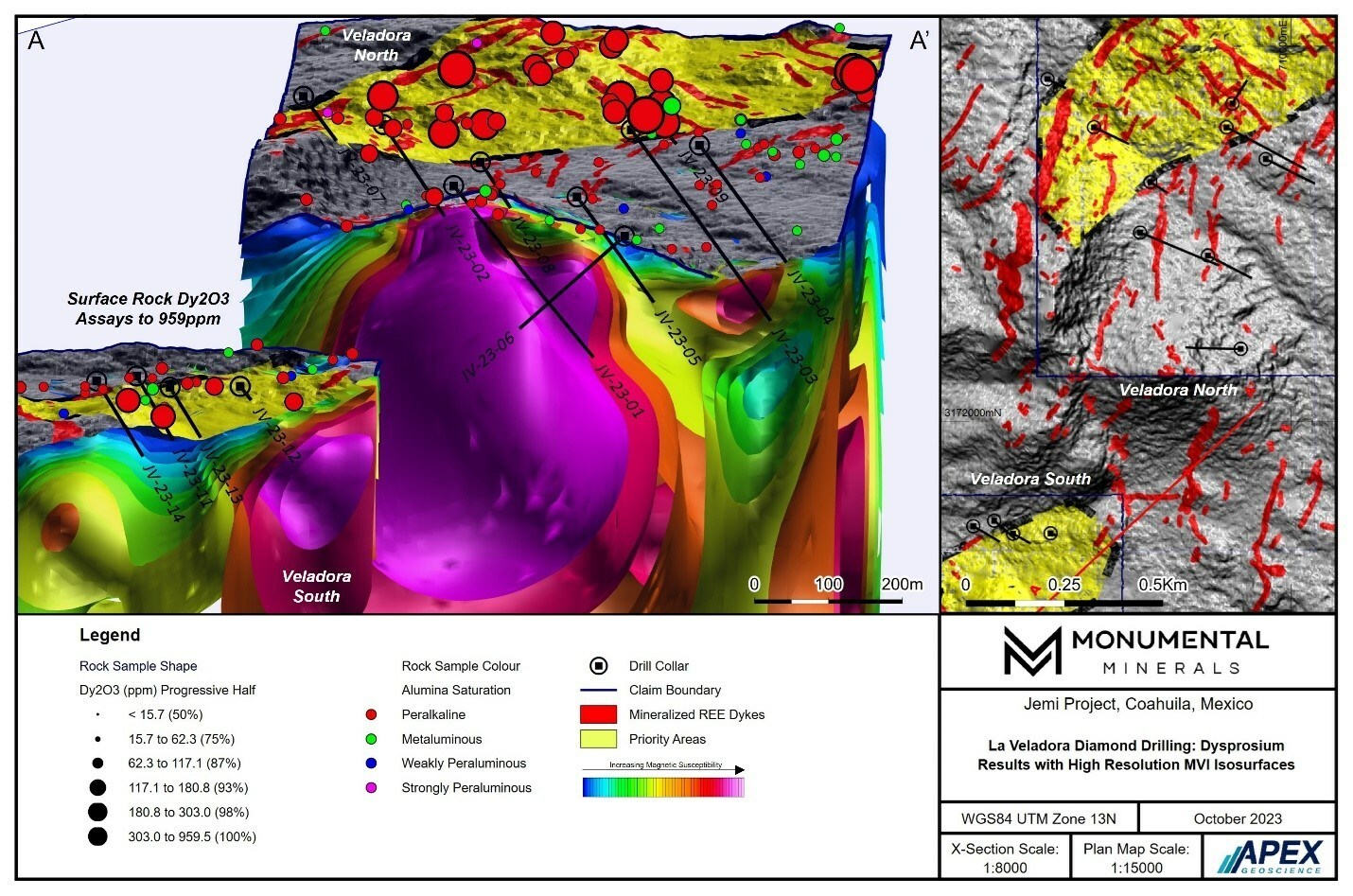 Figure 1. La Veladorra area diamond drill hole locations (oblique view looking North). (CNW Group/Monumental Minerals Corp.) Figure 1. La Veladorra area diamond drill hole locations (oblique view looking North). (CNW Group/Monumental Minerals Corp.)