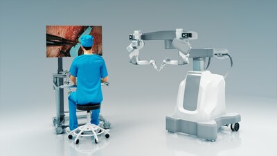 MUSA-3 system — Right: cart with suspension and two robot arms with end effectors, reusable instruments and disposable adaptors. Left: surgeon’s console with joysticks.