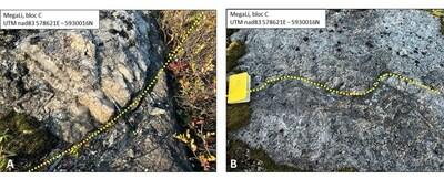 Figure 3: A) shallow dipping pegmatite-amphibolite contact. B) magmatic contact between two pegmatite layers. (CNW Group/Visible Gold Mines Inc.)