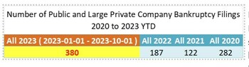 NUMBER OF PUBLIC AND LARGE PRIVATE COMPANY BANKRUPTCIES 2020 TO Q3 2023