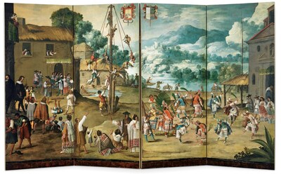 Unidentified artist (Mexico). Folding Screen with Indigenous Wedding, Mitote, and Flying Pole (Biombo con desposorio indgena, mitote y palo volador), ca. 1660?90. Oil on canvas; overall (4 panels): 66  120 in. Los Angeles County Museum of Art, purchased with funds provided by the Bernard and Edith Lewin Collection of Mexican Art Deaccession Fund. Photo  Museum Associates/LACMA