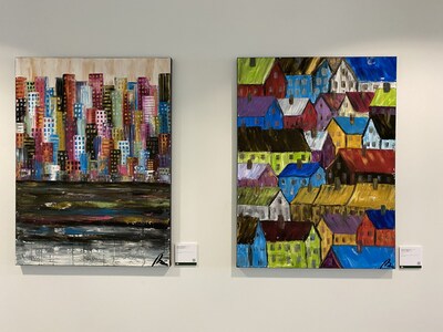 The office space is augmented by the display of seven original paintings by celebrated Lewiston artist Kathy Pignatora.
