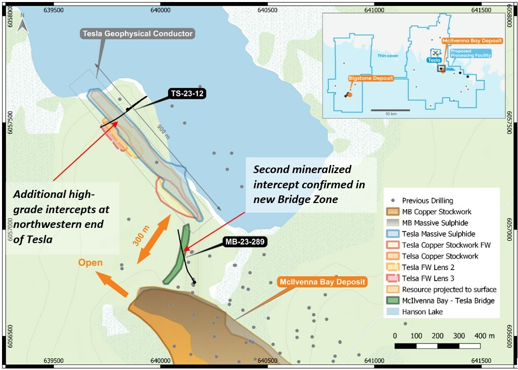 Figure 1 – Plan View of Tesla and McIlvenna Bay with location of drillholes TS-23-12 and MB-23-289 referred to in this release. (CNW Group/Foran Mining Corporation) Figure 1 – Plan View of Tesla and McIlvenna Bay with location of drillholes TS-23-12 and MB-23-289 referred to in this release. (CNW Group/Foran Mining Corporation)
