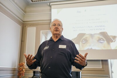 Helen Woodward Animal Center President and CEO Mike Arms speaks at an animal welfare conference in Estonia in 2019.