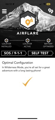 AirFlare's main screen confirms the smartphone app, which turns your mobile phone into an outdoors rescue locator, is optimally configured.