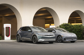 The IONIQ 5 and 6 photographed at the Tesla station in San Clemente, Calif. on Sept. 29, 2023.