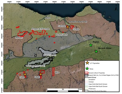 Figure 1: Map of the Nunavik Lithium Exploration Properties and Occurrences of LCT-bearing Pegmatites (CNW Group/[nxtlink id=