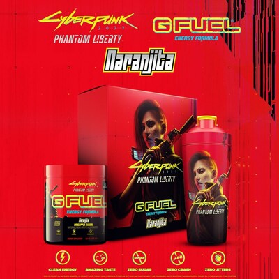 G FUEL Naranjita, inspired by "Cyberpunk 2077: Phantom Liberty," is now available for pre-order at GFUEL.com!