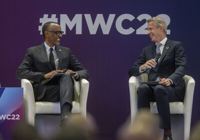 "His Excellency Paul Kagame, the President of the Republic of Rwanda, will formally open MWC Kigali on 17 October 2023 at the Kigali Convention Centre, Kigali, Rwanda. The photo shows His Excellency sharing the keynote stage with the GSMA's Director General at MWC Africa 2022. Photo courtesy: Urugwiro Village"