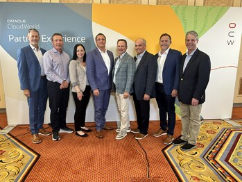 From left to right: Dale Weideling, Group Vice President, Oracle, Paul Hughes, Senior Vice President, Mythics, Nelle Doyle, Senior Vice President, Mythics, Doug Altamura, Chief Revenue Officer, Mythics, Paul Seifert, Chief Executive Officer, Mythics, Aaron Cornfeld, Chief Technology Officer, Mythics, Eric Seifert, Senior Vice President, Mythics, Randy Zewe, Vice President, Oracle