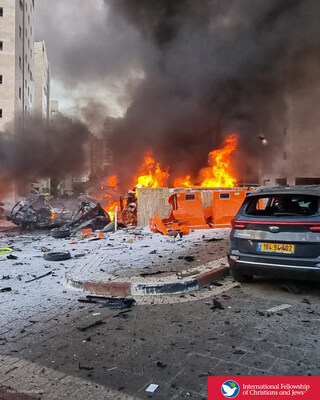 The scene where a rocket from Gaza into southern Israel hit and caused damage in the southern Israeli city of Ashkelon, Saturday Oct. 7. (Photo: Edi Israel/Flash90)