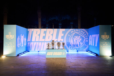 Trophies on display at the MCFC Treble Trophy Tour, Presented by OKX, in Abu Dhabi.