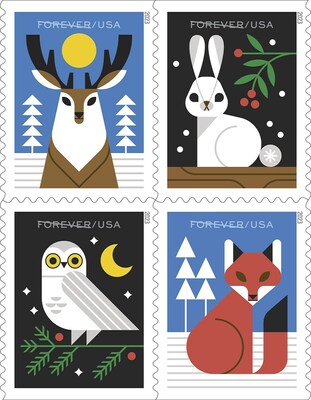 Postal Service Issues Winter Woodland Animals Stamps.