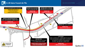 Autoroute 40 en direction ouest à Sainte-Anne-de-Bellevue : fermeture complète du 13 au 16 octobre 2023