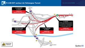 Fermeture complète de l'autoroute Ville-Marie en direction est entre l'échangeur Turcot et le centre-ville du 13 au 16 octobre 2023