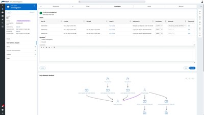 This screenshot of Pega Financial Crime and Alerts Investigation Management Accelerator shows how the solution helps investigators analyze information from a financial crime case and visualize the flow of funds between accounts or subjects involved.