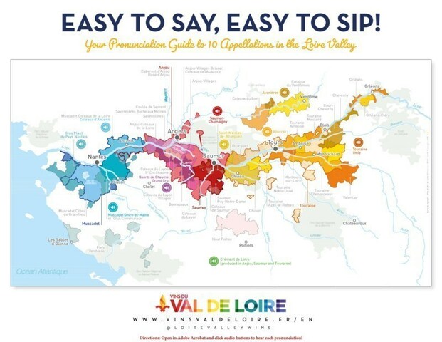Download the infographic, open in Adobe Acrobat and click each audio icon to hear French pronunciations of 10 appellations on the Loire Valley map!
