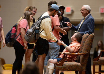 HK Derryberry meets FHU students and surprises them with facts about their birthdate.