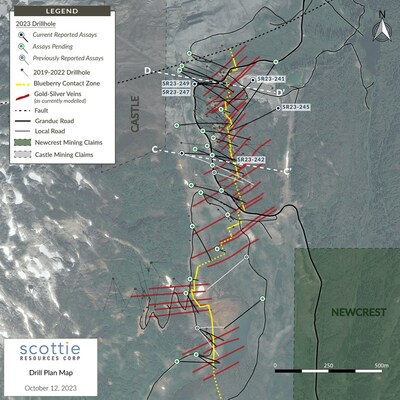 Figure 1: Overview plan view map of the Scottie Gold Mine Project, illustrating the locations of the reported drill results, cross-sections (Figures 2 and 3), and the distribution of the modelled sulphide-rich cross-structures. (CNW Group/Scottie Resources Corp.)