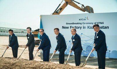 KT&G held a groundbreaking ceremony for its new state-of-art manufacturing plant in Kazakhstan on October 11, 2023. The picture shows KT&G CEO Mr. Bok-In Baek (third from the right) and the Governor of Almaty Marat Sultangaziyev (second from the left) are posing for a photo at the ceremony. (PRNewsfoto/KT&G Corporation)