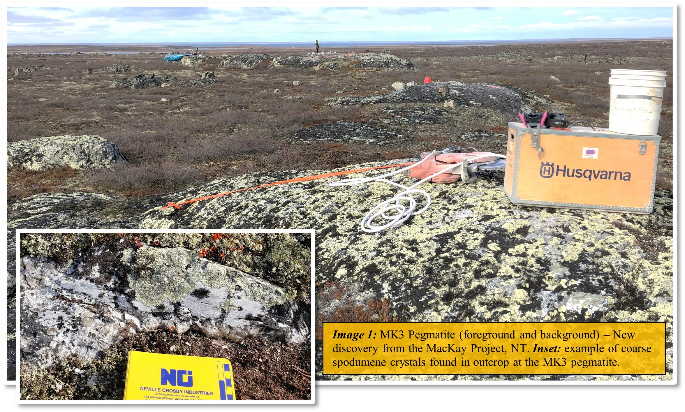 Image 1: MK3 Pegmatite (foreground and background) – New discovery from the MacKay Project, NT. Inset: example of coarse spodumene crystals found in outcrop at the MK3 pegmatite. (CNW Group/North Arrow Minerals Inc.) Image 1: MK3 Pegmatite (foreground and background) – New discovery from the MacKay Project, NT. Inset: example of coarse spodumene crystals found in outcrop at the MK3 pegmatite. (CNW Group/North Arrow Minerals Inc.)