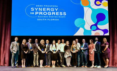 2023 Prospera Success Stories Honorees with Prospera South Florida Vice President Myrna Sonora, Sponsors and Speakers