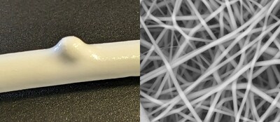 Scaffolds in the shape of an aneurysm (left) are made from microscopic fibers (right) and seeded with cells to form tissue-engineered blood vessels.