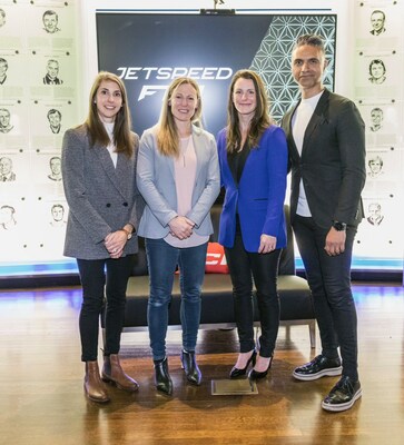 Left to right: Chelsea Durcell, Sr Director of Corporate Partnerships for the PWHL, and Jayna Hefford, SVP of Hockey OperaBons for the PWHL, along with Catherine Ward, VP of Product CommercializaBon and InnovaBon for CCM, and Marrouane Nabih, CEO of CCM. (CNW Group/Sport Maska Inc.)