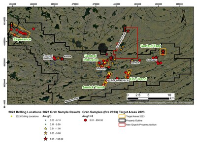 Figure 1: Qiqavik Belt with Project Areas Showing Grab Sample Results. Note that grab samples may not be representative of mineralized zones. (CNW Group/Orford Mining Corporation)