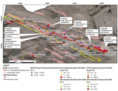 Figure 3: Esperance Drilling and Grab Samples. Annick Trend Drilling and Grab Samples. Note that all drilling intervals are down-hole lengths. True thicknesses cannot be estimated with available information. Note that grab samples may not be representative of mineralized zones. (CNW Group/Orford Mining Corporation)