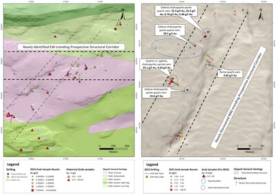 Figure 4: Central (Left) and Gerfaut East (Right). Note that all drilling intervals are down-hole lengths. True thicknesses cannot be estimated with available information. Note that grab samples may not be representative of mineralized zones. (CNW Group/Orford Mining Corporation)
