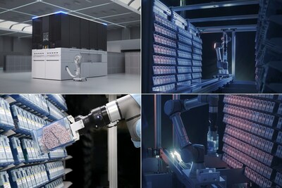 An image of JVM’s next-generation automated robot dispenser ‘MENITH’. The canisters are replaced automatically by an articulate, collaborative robot inside the equipment.