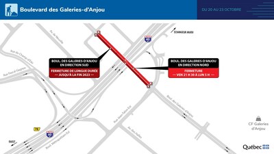 Pont d’étagement du boulevard des Galeries-d’Anjou, au-dessus de l'autoroute 40 - Fermeture complète du 20 au 23 octobre 2023. (Groupe CNW/Ministère des Transports et de la Mobilité durable)