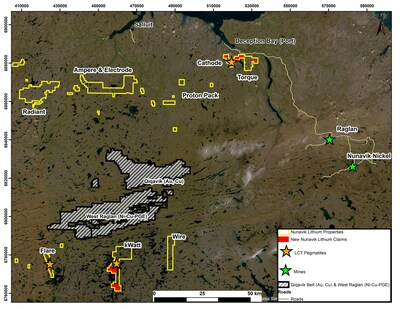 Figure 1: Map of additional claims added to the Nunavik Lithium Properties proximal to 2023 LCT discoveries. (CNW Group/Orford Mining Corporation)