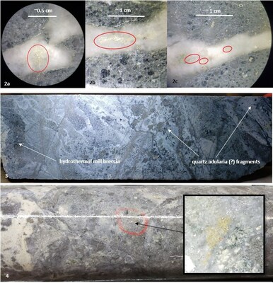Figure 2 a, b and c: Photos taken through microscope of visible gold along the same quartz vein at 1.5 m depth in drill-hole 23RC-21. Note how all the gold is located along a suture line down the middle of the quartz vein.
Figure 3: Example of a multiphase hydrothermal breccia from drill-hole 23RC-17
Figure 4: Example of “Oatmeal Breccia” from drill-hole 23RC-16 (31.2 m) hosting visible gold (inset). (CNW Group/Northern Shield Resources Inc.)