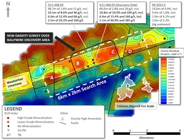 Exhibit 1. Plan Map of New Gravity Survey vs. Historic Gravity Anomalies ‘A’ to ‘D’ at Ballywire (CNW Group/Group Eleven Resources Corp.) Exhibit 1. Plan Map of New Gravity Survey vs. Historic Gravity Anomalies ‘A’ to ‘D’ at Ballywire (CNW Group/Group Eleven Resources Corp.)