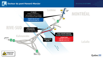 Entraves majeures - Pont Honor-Mercier et secteur de l'changeur Saint-Pierre - Fin de semaine du 20 octobre 2023 (Groupe CNW/Ministre des Transports et de la Mobilit durable)