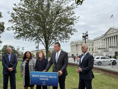 U.S. Sen. Alex Padilla (CA, speaking at the podium) is joined by (from L-R) NAMI CEO Daniel H. Gillison Jr., AFSP Executive Vice President and Chief Policy Officer Laurel Stine, U.S. Sen. Tina Smith (MN) and U.S. Sen. Thom Tillis (NC) to announce the Senate Mental Health Caucus on Oct. 17, 2023, in front of the U.S. Capitol in Washington, D.C.