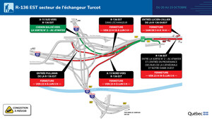 Fermeture complète de l'autoroute Ville-Marie en direction est entre l'échangeur Turcot et le centre-ville du 20 au 23 octobre 2023