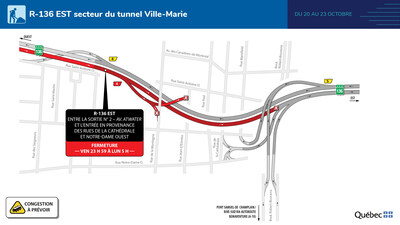 R-136 EAST - Ville-Marie Tunnel - October 20 to 23, 2023 (CNW Group/Ministry of Transportation and Sustainable Mobility)